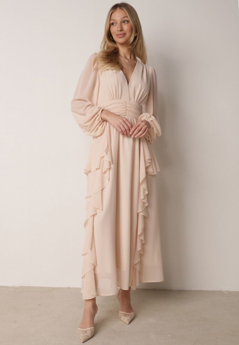 Beżowa Romantyczna Sukienka Koktajlowa z Falbanami i Marszczeniem w Pasie Aranilla 4
