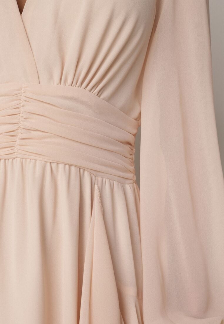 Beżowa Romantyczna Sukienka Koktajlowa z Falbanami i Marszczeniem w Pasie Aranilla 5