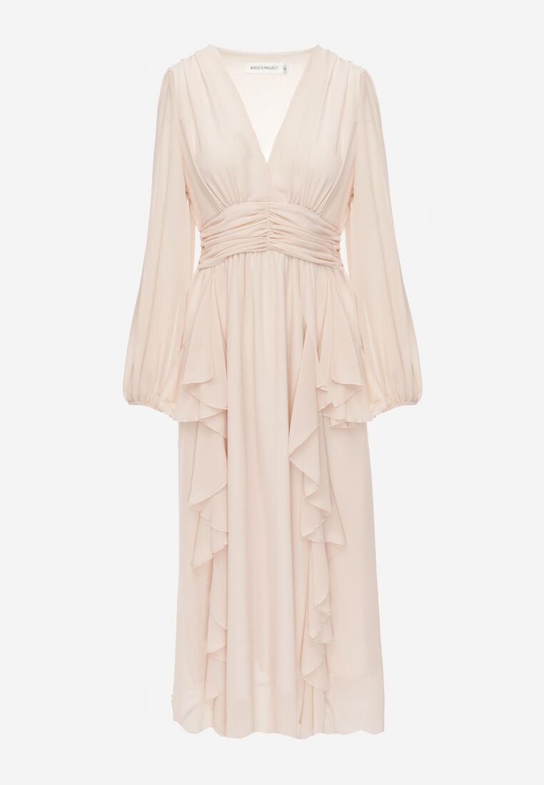 Beżowa Romantyczna Sukienka Koktajlowa z Falbanami i Marszczeniem w Pasie Aranilla 6