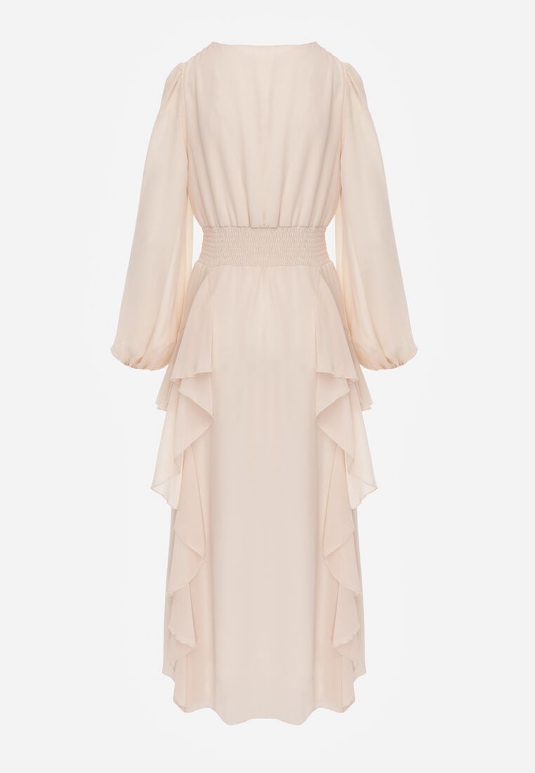 Beżowa Romantyczna Sukienka Koktajlowa z Falbanami i Marszczeniem w Pasie Aranilla 7