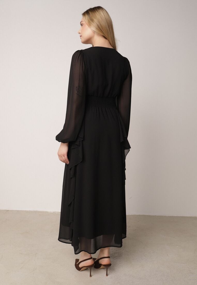 Czarna Romantyczna Sukienka Koktajlowa z Falbanami i Marszczeniem w Pasie Aranilla 3