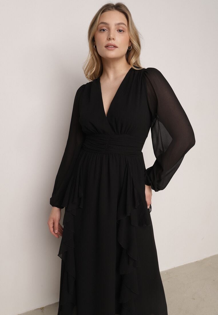 Czarna Romantyczna Sukienka Koktajlowa z Falbanami i Marszczeniem w Pasie Aranilla 4