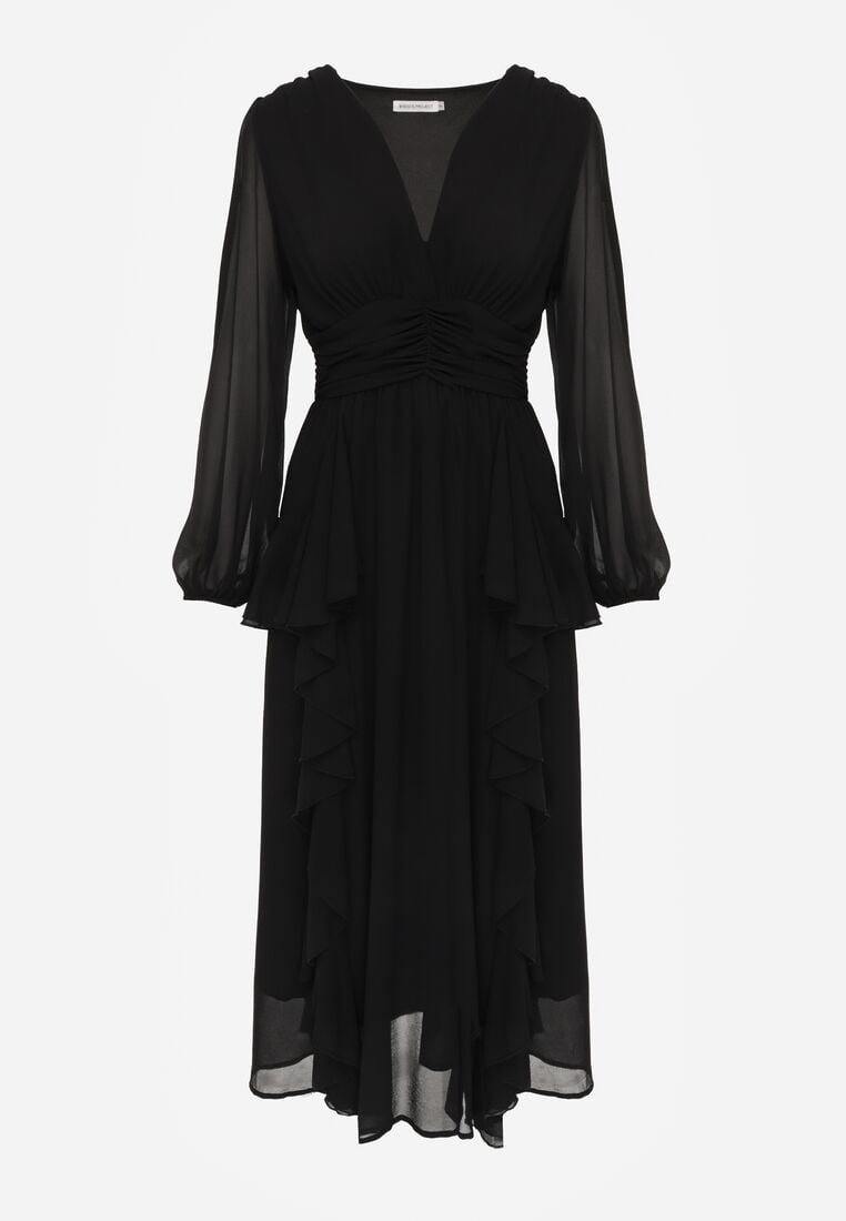 Czarna Romantyczna Sukienka Koktajlowa z Falbanami i Marszczeniem w Pasie Aranilla 6