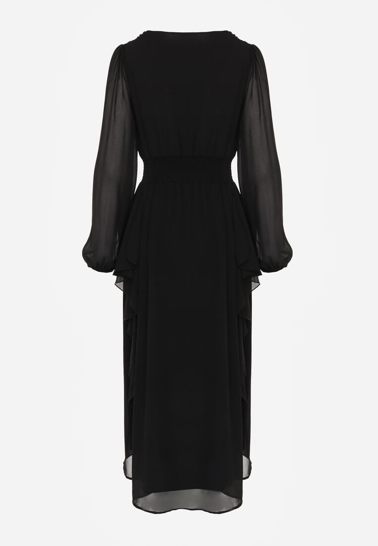 Czarna Romantyczna Sukienka Koktajlowa z Falbanami i Marszczeniem w Pasie Aranilla 7