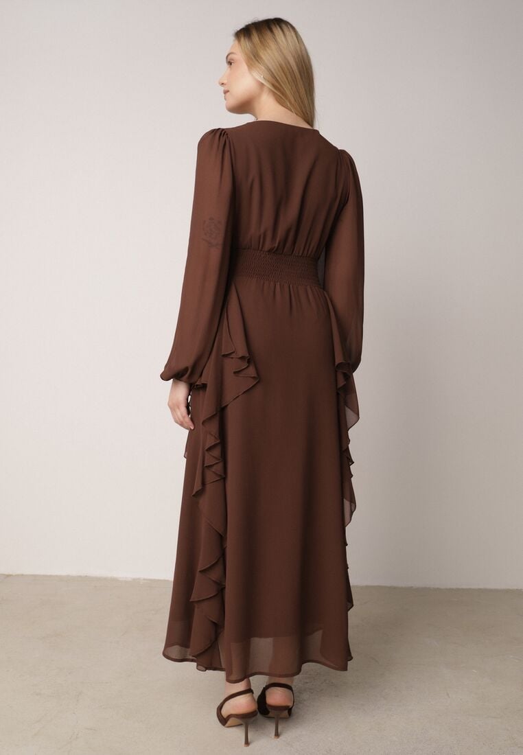 Brązowa Romantyczna Sukienka Koktajlowa z Falbanami i Marszczeniem w Pasie Aranilla 3