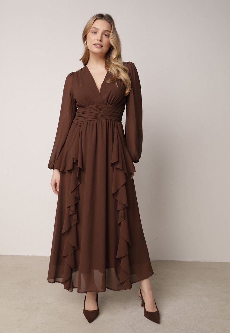 Brązowa Romantyczna Sukienka Koktajlowa z Falbanami i Marszczeniem w Pasie Aranilla 4