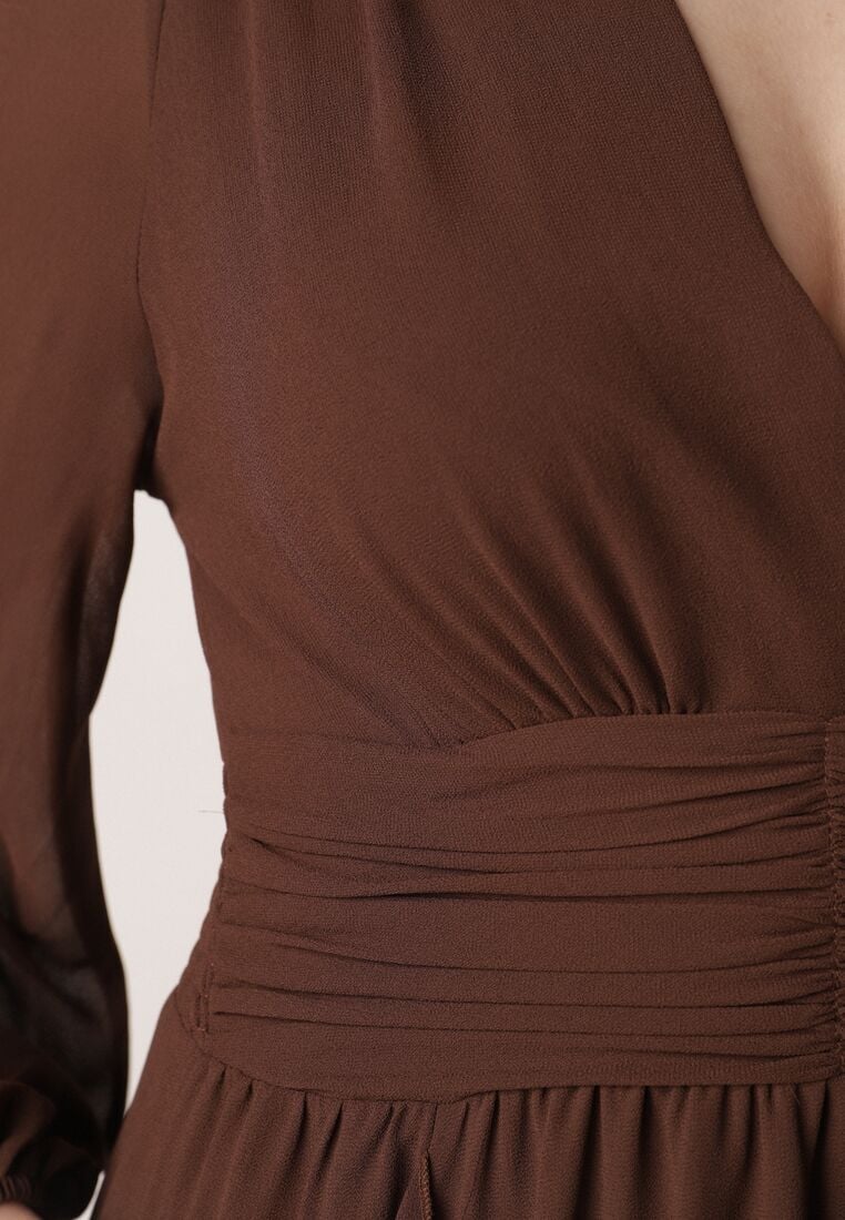 Brązowa Romantyczna Sukienka Koktajlowa z Falbanami i Marszczeniem w Pasie Aranilla 5