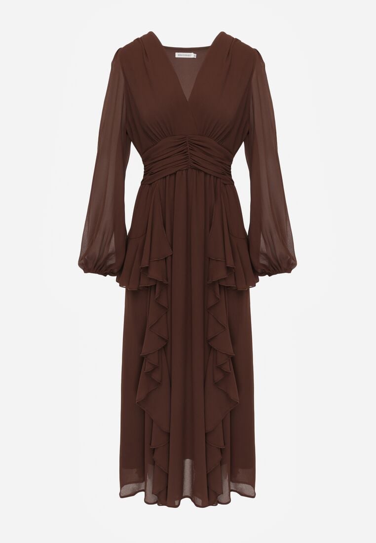 Brązowa Romantyczna Sukienka Koktajlowa z Falbanami i Marszczeniem w Pasie Aranilla 6