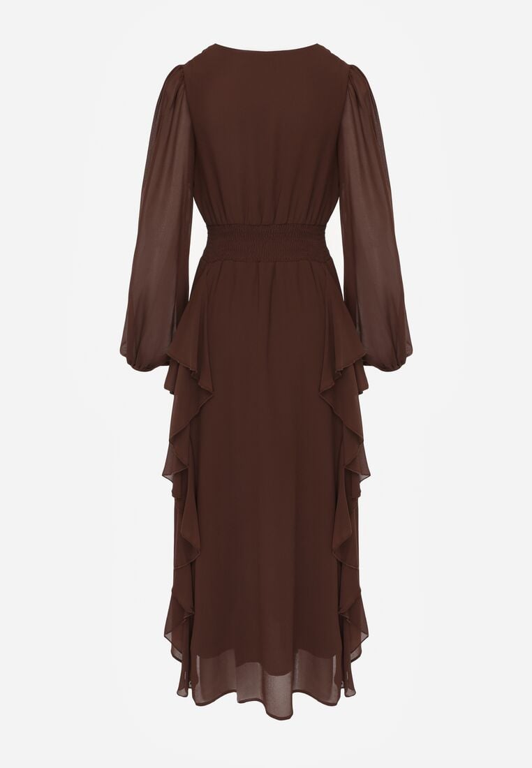 Brązowa Romantyczna Sukienka Koktajlowa z Falbanami i Marszczeniem w Pasie Aranilla 7