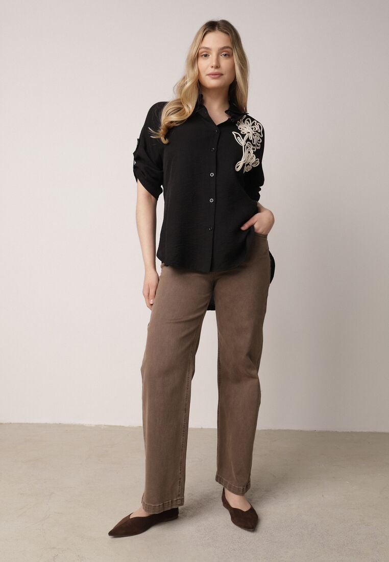 Czarna Wiszkowa Koszula Nietoperzowa z Regulowanymi Rękawami i Haftem Maryrenna 2