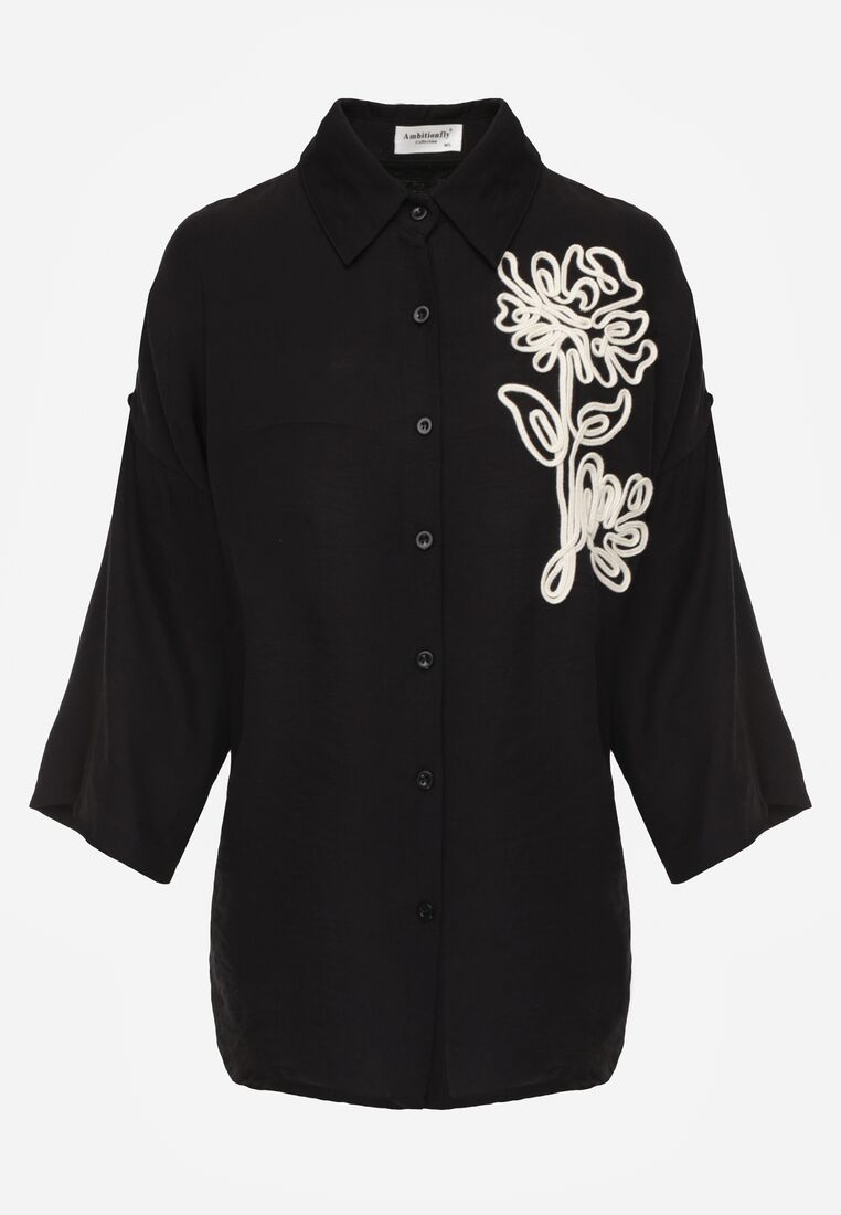 Czarna Wiszkowa Koszula Nietoperzowa z Regulowanymi Rękawami i Haftem Maryrenna 6