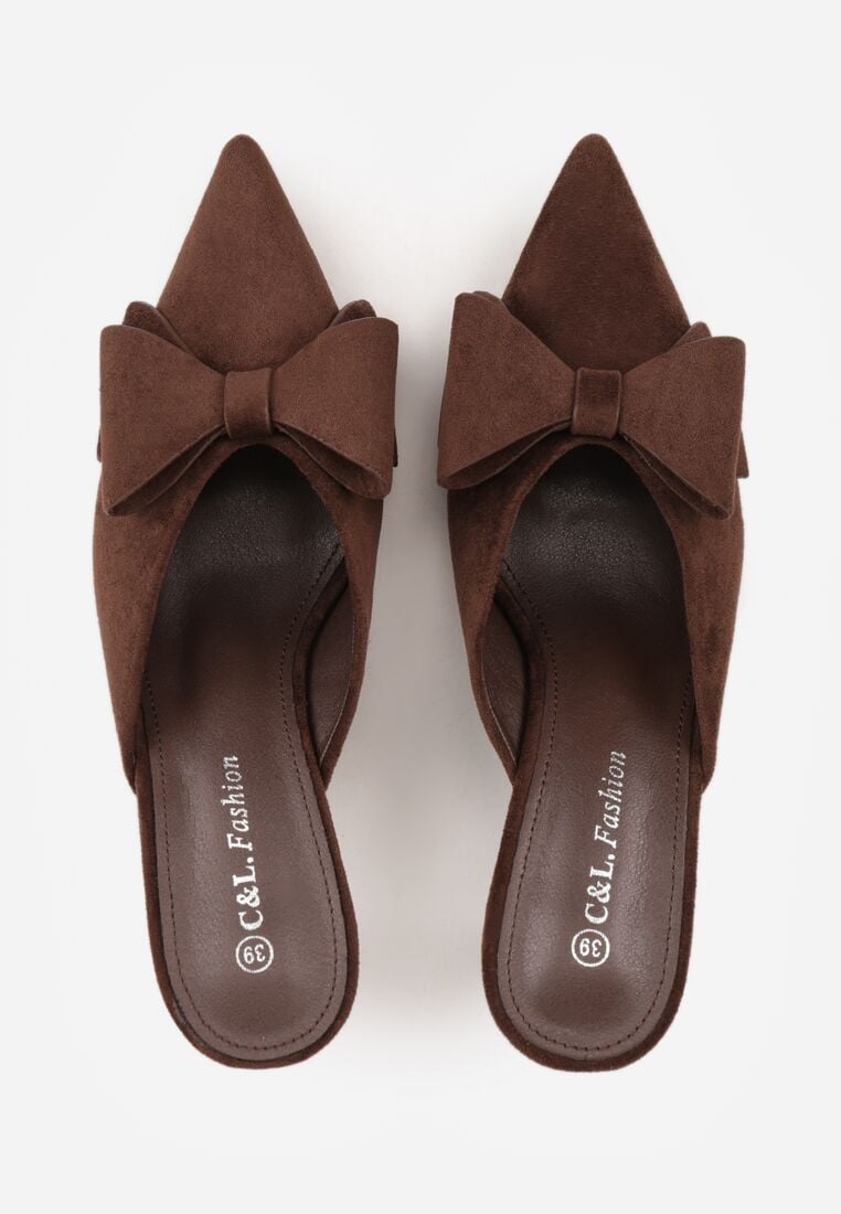 Brązowe Klapki na Szpilce Typu Mule Ozdobione Kokardką Lorailea 6