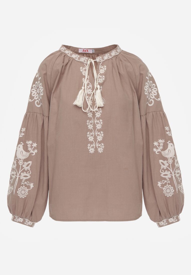 Beżowa Bawełniana Bluzka Boho z Ozdobnym Haftem i Sznurkiem z Frędzlami Lamegenia 6