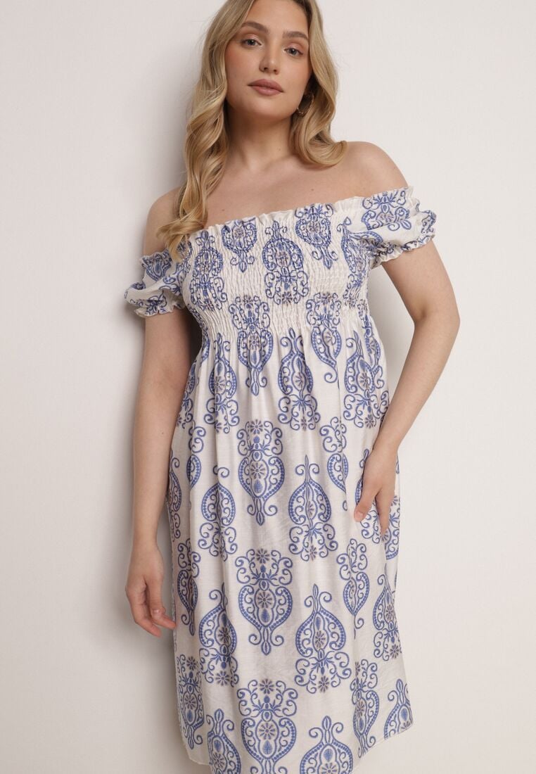 Niebieska Wiskozowa Sukienka Hiszpanka w Etniczny Wzór Hywen 1