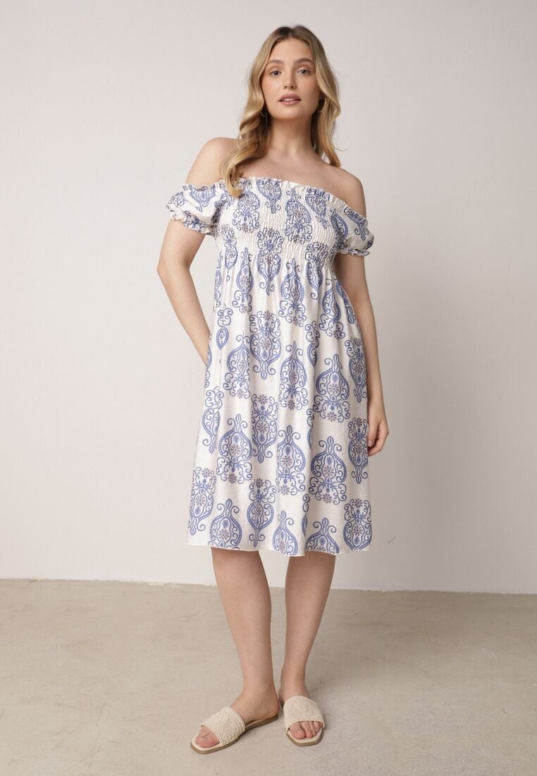 Niebieska Wiskozowa Sukienka Hiszpanka w Etniczny Wzór Hywen 4