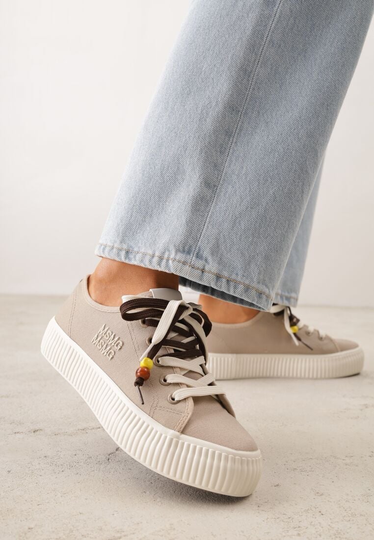 Beżowe Trampki Pod Kostkę na Grubej Podeszwie z Podwójnym Sznurowaniem Callixera 2