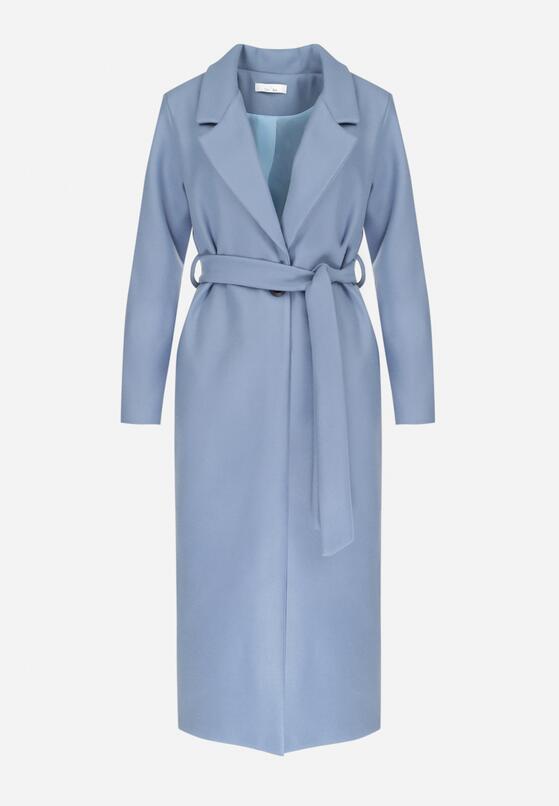 Niebieski Płaszcz Jednorzędowy z Wiązanym Paskiem Hezana 6