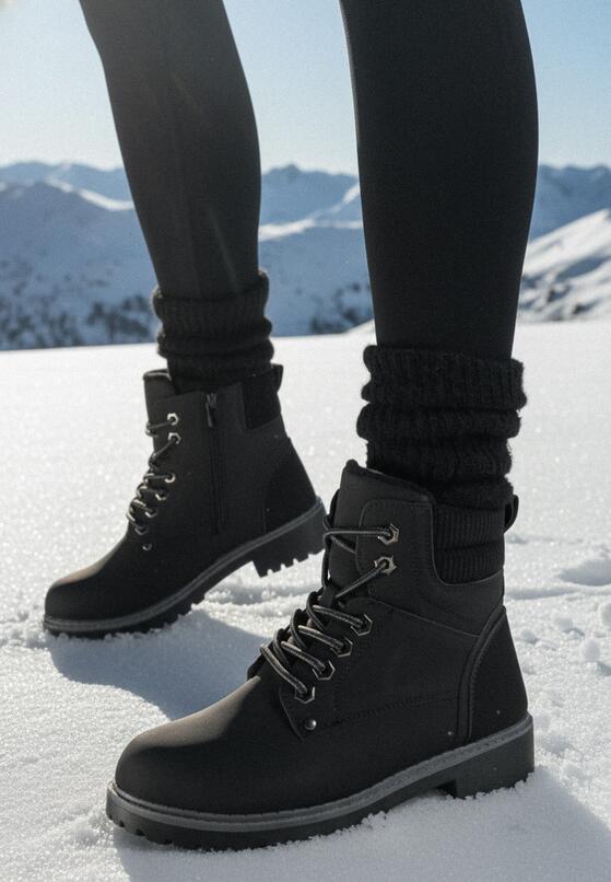 Czarne Płaskie Klasyczne Traperki ze Sznurowaniem Lobanne 1