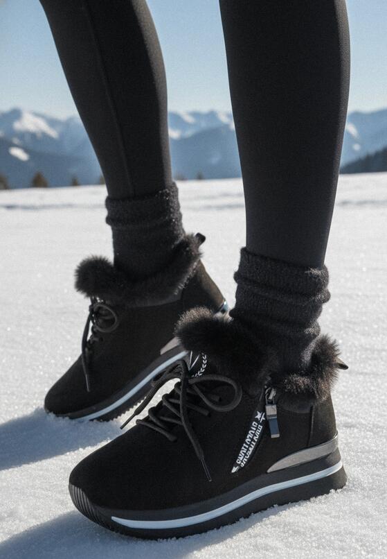 Czarne Płaskie Sneakersy Ozdobione Futerkiem i Napisem Tarvina 1