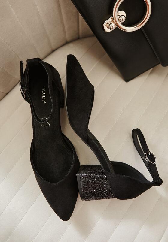 Czarne Czółenka Vices na Brokatowym Obcasie z Wkładką ze Skóry Naturalnej z Metaliczną Aplikacją Lilindraen 2