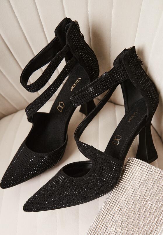 Czarne Czółenka Vices na Obcasie ze Skórzaną Wkładką i Ozdobnymi Paskami Besicea 2