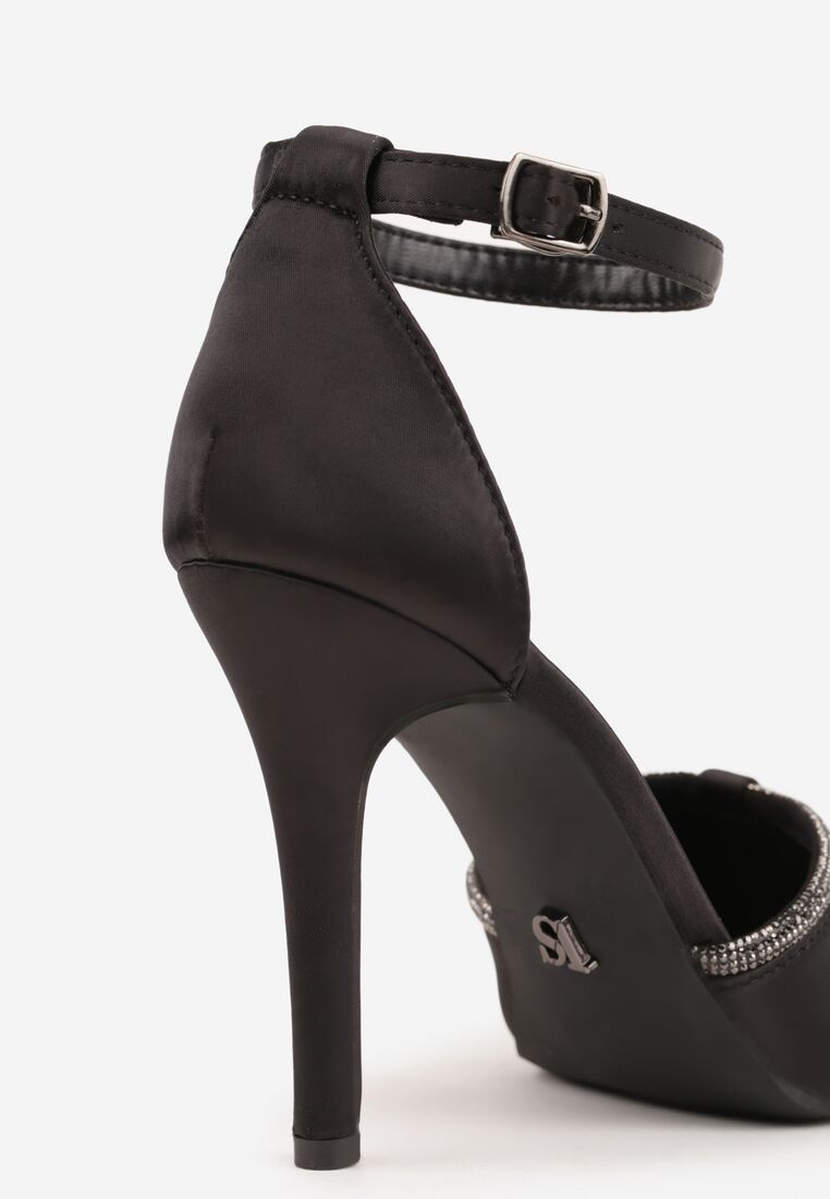 Czarne Satynowe Szpilki Vices ze Skórzaną Wkładką Zdobione Cyrkoniami Lizzira 8