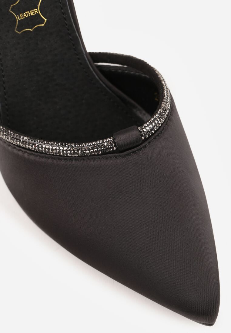 Czarne Satynowe Szpilki Vices ze Skórzaną Wkładką Zdobione Cyrkoniami Lizzira 9
