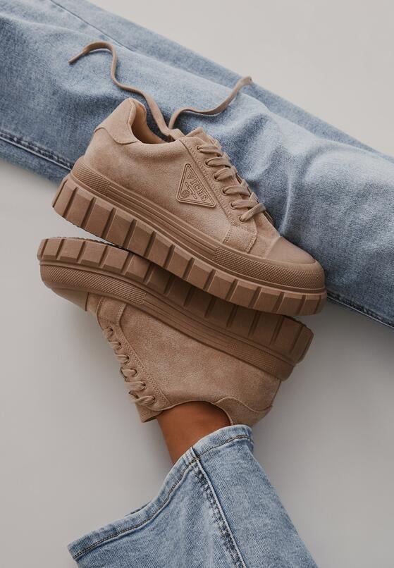 Ciemnobeżowe Sneakersy Vices na Grubej Podeszwie z Geometryczną Aplikacją Leanae 1