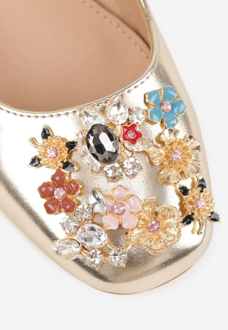 Złote Czółenka Vices z Odkrytą Piętą Ozdobione Cyrkoniami ze Skórzaną Władką Eklevia 9