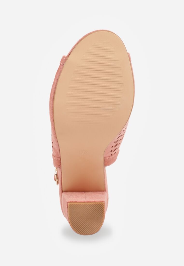 Różowe Ażurowe Sandały na Obcasie ze Skórzaną Wkładką Linwena 8