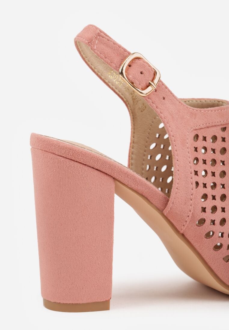 Różowe Ażurowe Sandały na Obcasie ze Skórzaną Wkładką Linwena 9