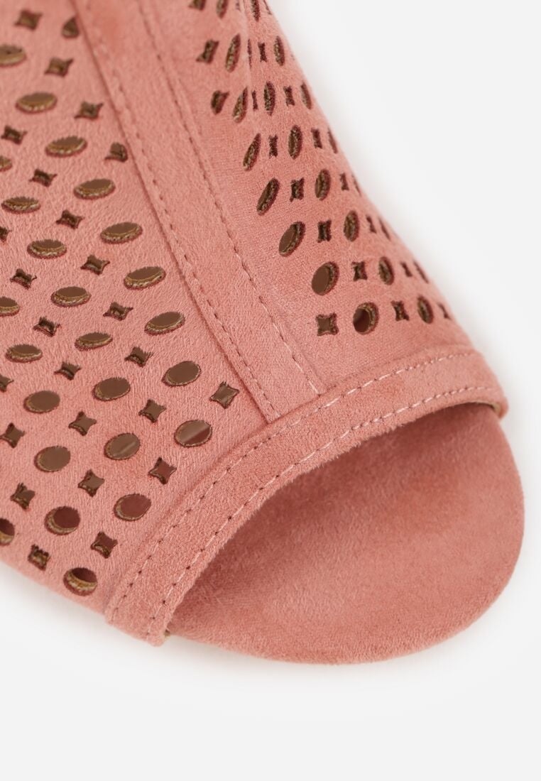 Różowe Ażurowe Sandały na Obcasie ze Skórzaną Wkładką Linwena 10