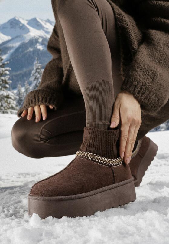 Brązowe Śniegowce VICES na Grubej Podeszwie z Haftem i Skarpetkową Cholewką Enantia 1