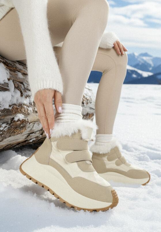 Beżowe Sneakersy Śniegowce Vices na Grubej Podeszwie z Zapięciem na Rzep i Futrem Nelisella 1