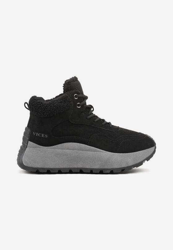 Czarne Sneakersy Śniegowce Vices na Grubej Podeszwie Ozdobione Futerkiem i Napisem Nelinena 4