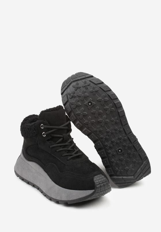 Czarne Sneakersy Śniegowce Vices na Grubej Podeszwie Ozdobione Futerkiem i Napisem Nelinena 7