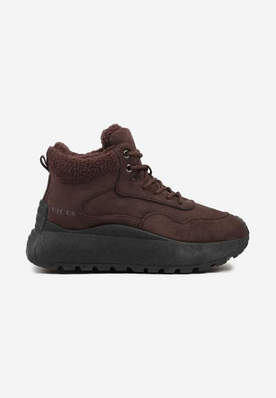 Brązowe Sneakersy Śniegowce Vices na Grubej Podeszwie Ozdobione Futerkiem i Napisem Nelinena 4