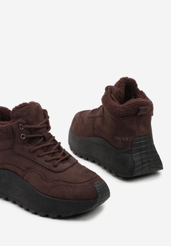 Brązowe Sneakersy Śniegowce Vices na Grubej Podeszwie Ozdobione Futerkiem i Napisem Nelinena 6
