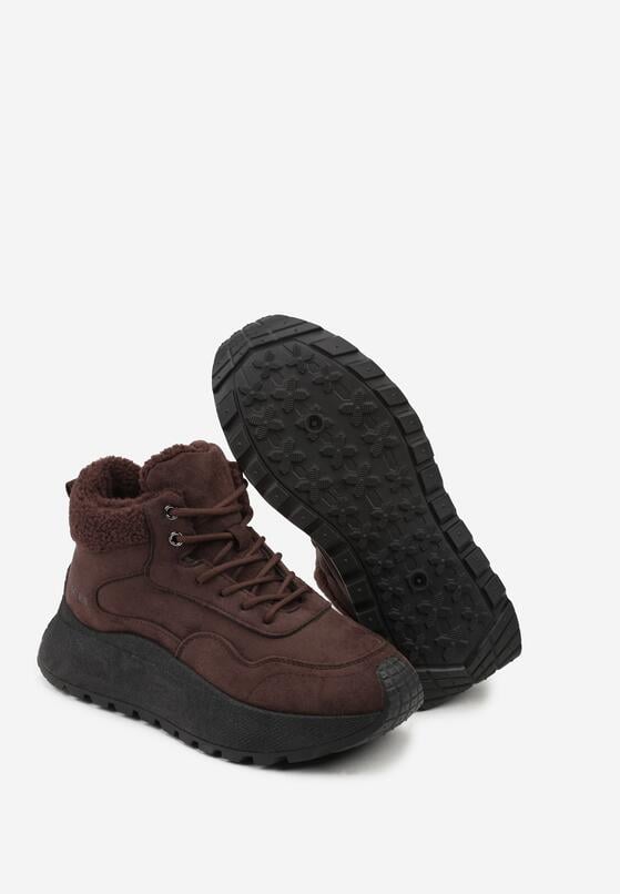 Brązowe Sneakersy Śniegowce Vices na Grubej Podeszwie Ozdobione Futerkiem i Napisem Nelinena 7