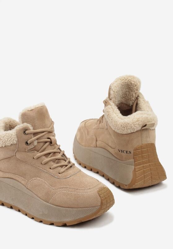 Jasnobrązowe Sneakersy Śniegowce Vices na Grubej Podeszwie Ozdobione Futerkiem i Napisem Nelinena 6