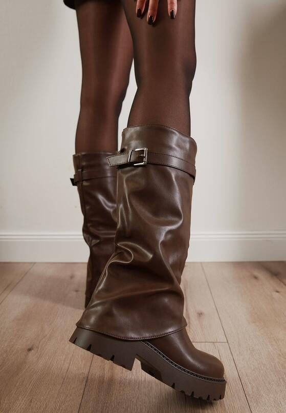 Ciemnobrązowe Marszczone Kozaki VICES z Wywiniętą Cholewką z Klamerką Talles 1