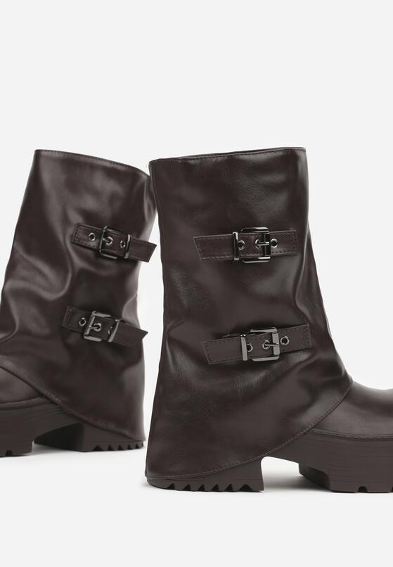 Ciemnobrązowe Botki Biker VICES z Cholewką Imitującą Nogawkę z Klamrami Reiladia 6