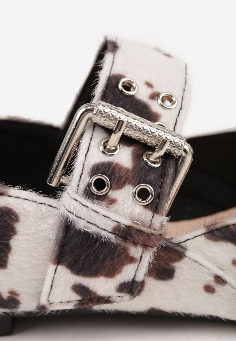 Brązowo-Białe Balerinki Vices w Krowie Łaty ze Skórzaną Wkładką i Szerokim Paskiem ze Sprzączką Rilucea 9