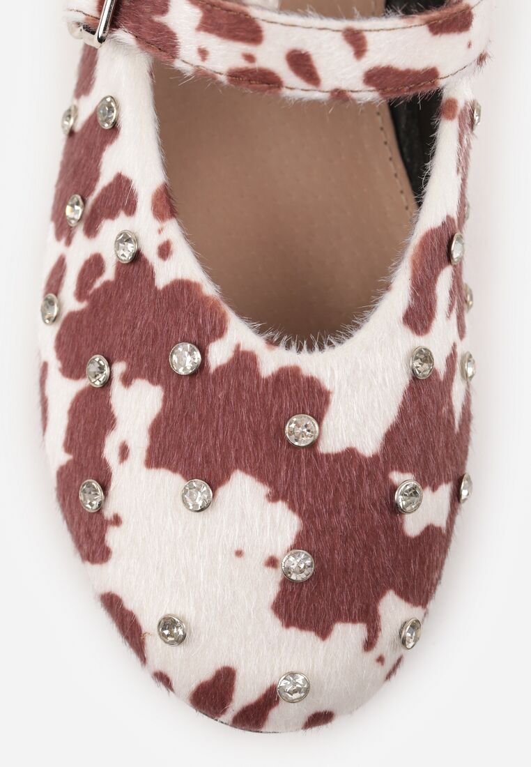 Brązowo-Białe Balerinki Vices w Krowie Łaty z Ćwiekami Paskiem z Klamerką i Skórzaną Wkładką Riletra 8