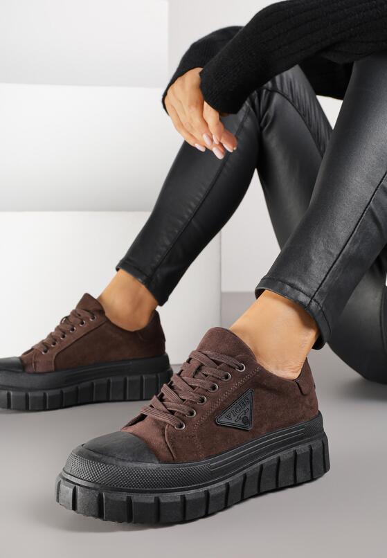 Brązowe Sneakersy Vices na Grubej Podeszwie z Geometryczną Aplikacją Leanae 2