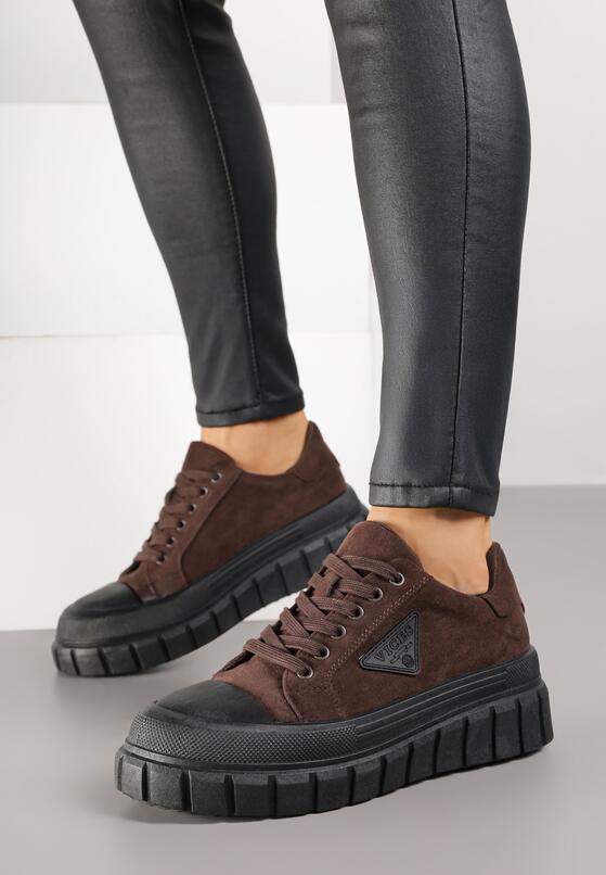 Brązowe Sneakersy Vices na Grubej Podeszwie z Geometryczną Aplikacją Leanae 3