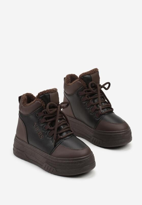 Czarno-Brązowe Sneakersy Śniegowce Vices na Grubej Podeszwie z Tłoczeniem Ozdobione Napisem Fettania 5