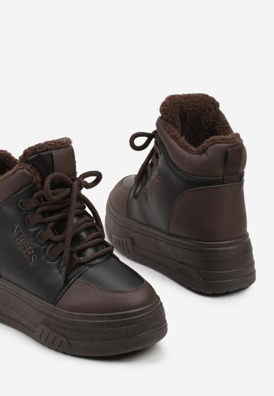 Czarno-Brązowe Sneakersy Śniegowce Vices na Grubej Podeszwie z Tłoczeniem Ozdobione Napisem Fettania 6