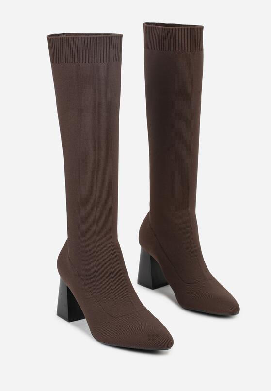 Brązowe Eleganckie Kozaki VICES na Słupku ze Skarpetkową Cholewką Mialles 5