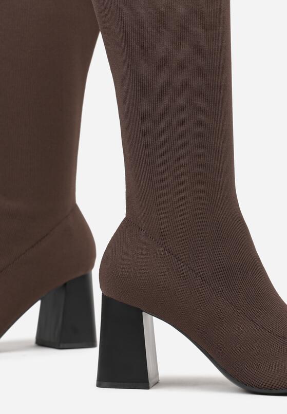 Brązowe Eleganckie Kozaki VICES na Słupku ze Skarpetkową Cholewką Mialles 7
